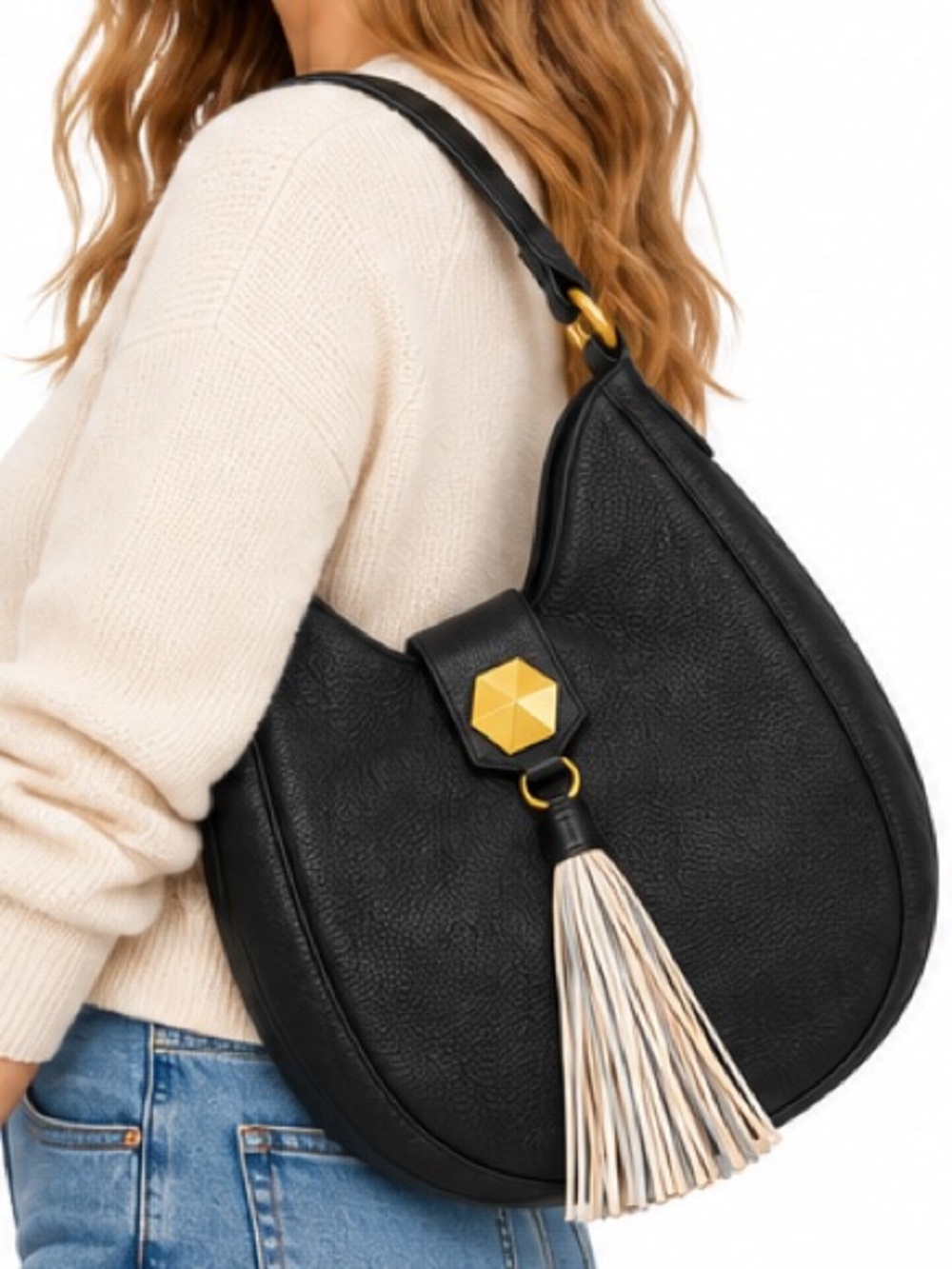 NEW - Badgley Mischka Belle Black Leather Hobo Bag Gold Tassel Shoulder Purse